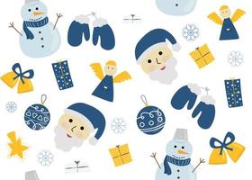 Vector illustration of New Year and Christmas seamless pattern with santa claus, snowman, angel, bell, gift, christmas ball, mittens, snowflake, star