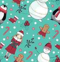 Seamless pattern with snowman, penguin, elf, man cookies, lollipop and sock for gifts. New Year's and Christmas. vector