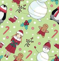 Seamless pattern with snowman, penguin, elf, man cookies, lollipop and sock for gifts. New Year's and Christmas. vector