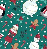 Seamless pattern with snowman, penguin, elf, man cookies, lollipop and sock for gifts. New Year's and Christmas. vector