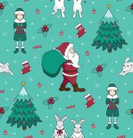 Seamless pattern with Christmas tree, Santa Claus, elf and sock for gifts. New Year's and Christmas vector