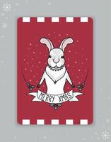 Christmas bunny. Postcard with a rabbit. Rabbit on a red background. Vector illustration.