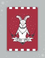 Christmas bunny. Postcard with a rabbit. Rabbit on a red background. Vector illustration.