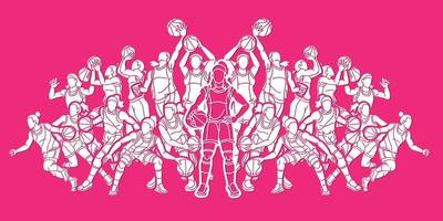 grupo de baloncesto mujer jugadores mezcla acción dibujos animados deporte equipo vector