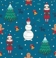 Seamless pattern with Christmas tree, snowman, elf and bell. New Year's and Christmas vector