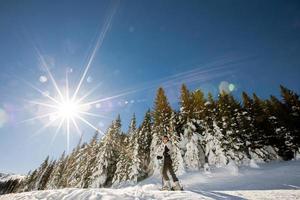 joven mujer a invierno esquiar dicha, un soleado día aventuras foto