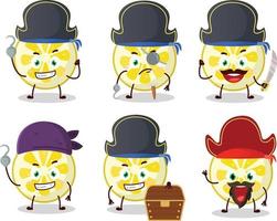 Cartoon character of lemon slice with various pirates emoticons vector