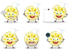 Cartoon character of lemon slice with various chef emoticons vector