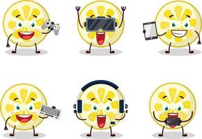 Lemon slice cartoon character are playing games with various cute emoticons vector