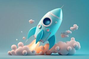 Cartoon style rocket launching on light blue background. Concept of startup business taking off. photo