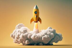 Yellow rocket taking off with realistic cloud smoke on yellow background. Concept of start up business launching. Generative AI photo