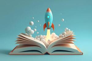 Cartoon style rocket launching from an open book on light blue background, front view. Concept of startup business idea taking off. photo