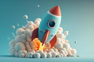 Cartoon rocket launching on pastel background with sphere cloud. Concept of startup business taking off. . photo