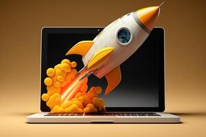 Rocket taking off from laptop with explosive effect on orange background. Concept of start up business launching into success. photo