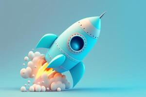 Cartoon style rocket launching on light blue background. Concept of startup business taking off. Generative AI photo