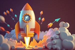 Rocket launching together with arrows and missiles . Concept of startup business taking off. . photo