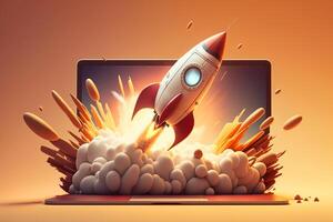 Rocket taking off from laptop with explosive effect on orange bakground. Concept of start up business launching into success. Generative AI photo
