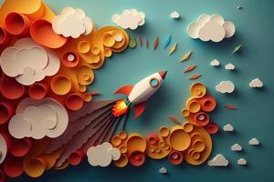 Rocket launching into sky in quiling paper style. Concept of startup business taking off. . photo