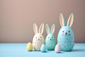 Egg shape bunnies decoration and colored eggs with pink wall behind. . photo