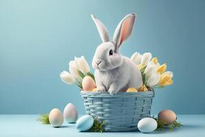 Rabbit in Easter basket with tulip on light blue background. Generative AI. photo