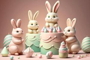 3D rendering cute bunnies with cakes and desserts. . photo