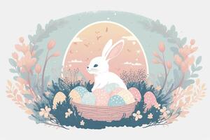 Illustration of rabbit and a basket full of egg in nature. . photo
