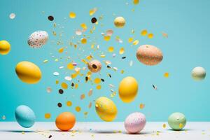 Painted eggs and round confetti flying on light blue background. Generative AI. photo