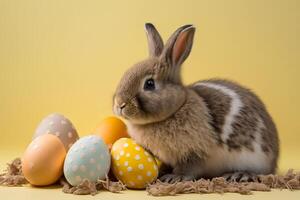 Front view of bunny and Easter eggs on yellow background. Generative AI. photo