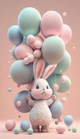 Adorable 3D rendering bunny holding pastel balloons on pink background. Generative AI photo