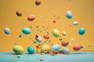 Painted egg falling on to light blue ground with colorful fragment splashing in air on yellow background. Generative AI. photo