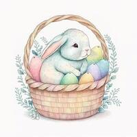 Cute lop eared bunny in Easter egg basket. Generative AI. photo