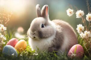 Bunny with Easter eggs on meadow with flowers. Generative AI. photo