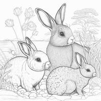Illustration of rabbits in nature in line style. Generative AI. photo