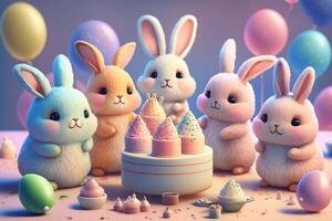 Lovely bunnies celebrating in circle surrounding desserts with balloons in the back. . photo