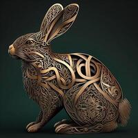 Intricate bronze rabbit on dark green background. . photo