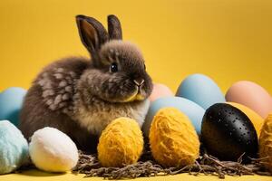 Bunny surrounded by eggs in a nest on yellow background. . photo