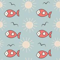 cute cartoon abstract red fish seamless vector pattern background illustration with sun and birds silhouette