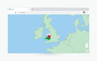 Browser window with map of Wales, searching  Wales in internet. vector