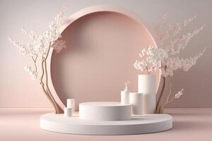ilustración de pastel monitor podio con cilindro decoraciones y floral árbol. antecedentes modelo. generativo ai. foto