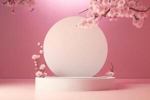 Pink blossom and white display podium background template. Generative AI. photo