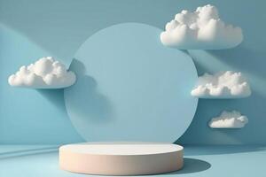 Cute display podium with fluffy cloud floating on baby blue background.Natural lighting. . photo