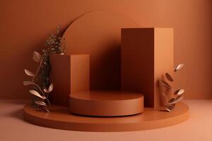 Illustration of brown tone geometric display podium background with plants. . photo