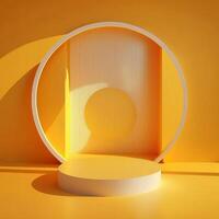 Illustration of yellow display podium with a sleek circular arch background template. Generative AI. photo