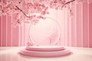 Romantic pink floral tree and surreal display podium background template. Generative AI. photo