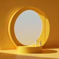 Yellow circular window with display podium in the front. Minimalism background template. Generative AI. photo