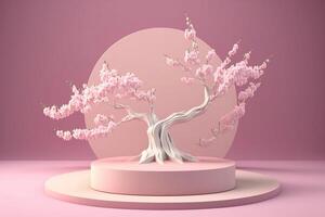 Illustration of pink floral tree on pastel display podium. Background template. Generative AI. photo
