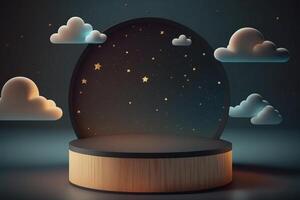 Illustration of wooden display podium with starry sky arch and cartoon cloud background template. Generative AI.