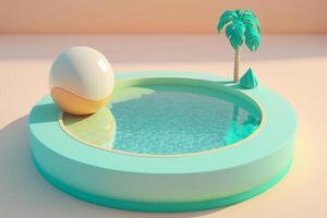 Illustration of turquoise round pool with ball and palm tree decoration on cream white background. . photo