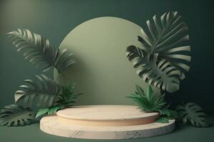 Tropical leaf display background with white marble podium. . photo