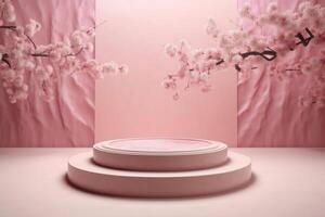 Pink blossom, water display podium and texture wall background template. Generative AI. photo